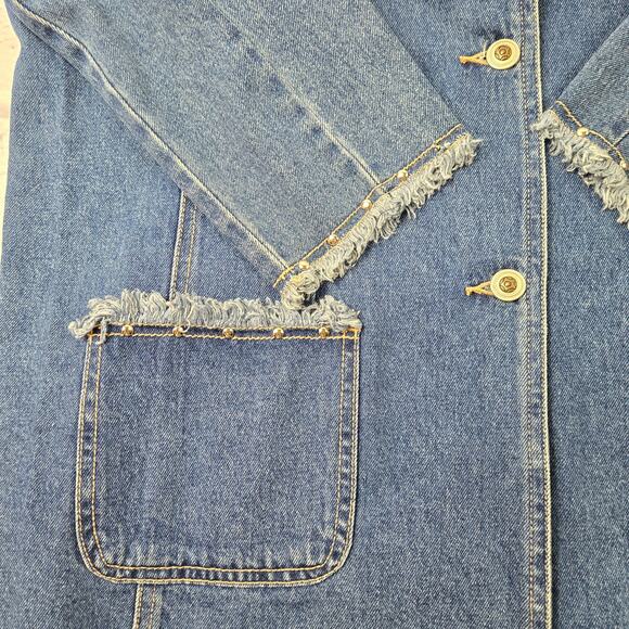 Vintage Cervelle Long Fitted Denim Jacket Jean Blazer Frayed Stud Trim sz Large - Picture 15 of 15